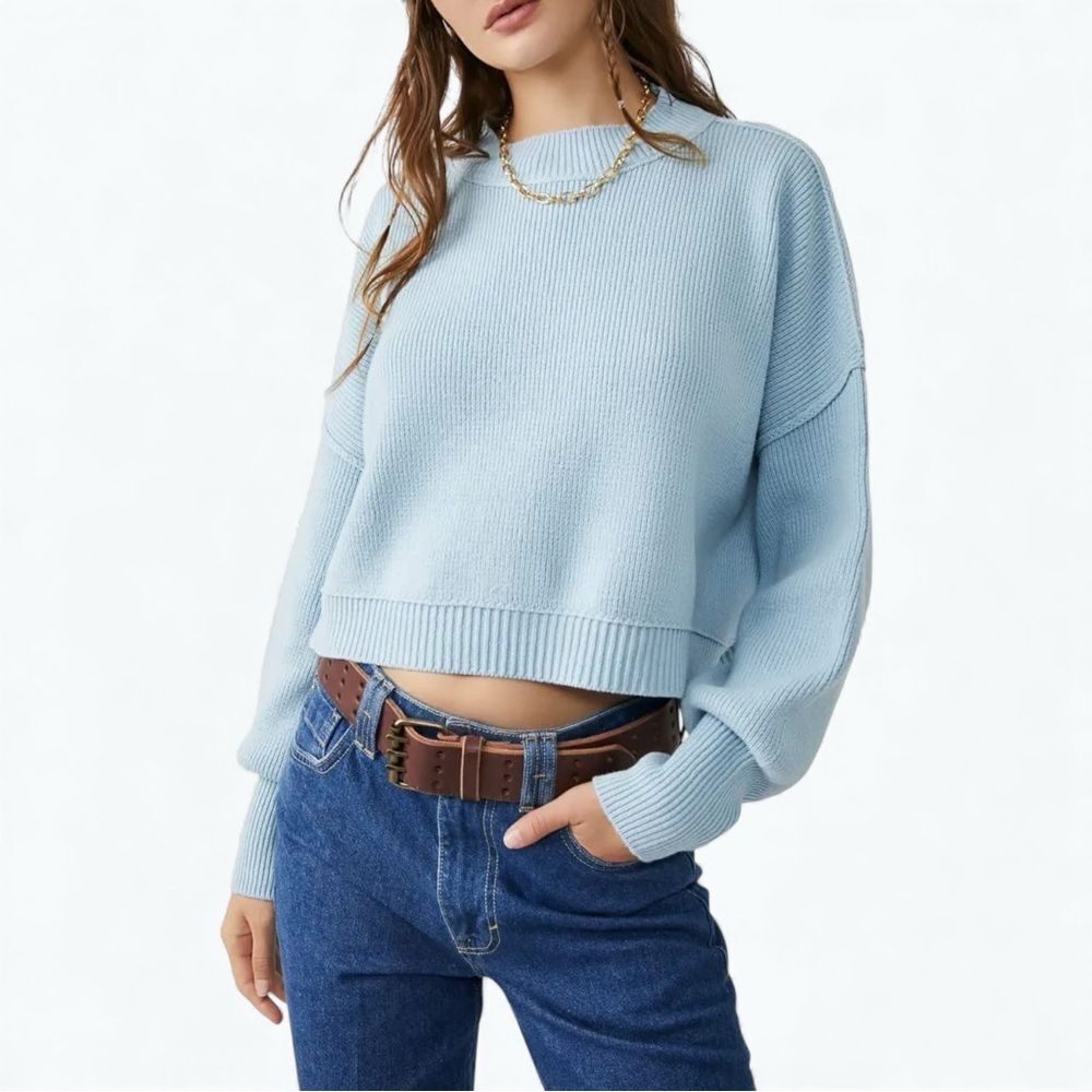 Free People Easy Street Crop Sweater Women L Oversized Boxy Crewneck Pullover